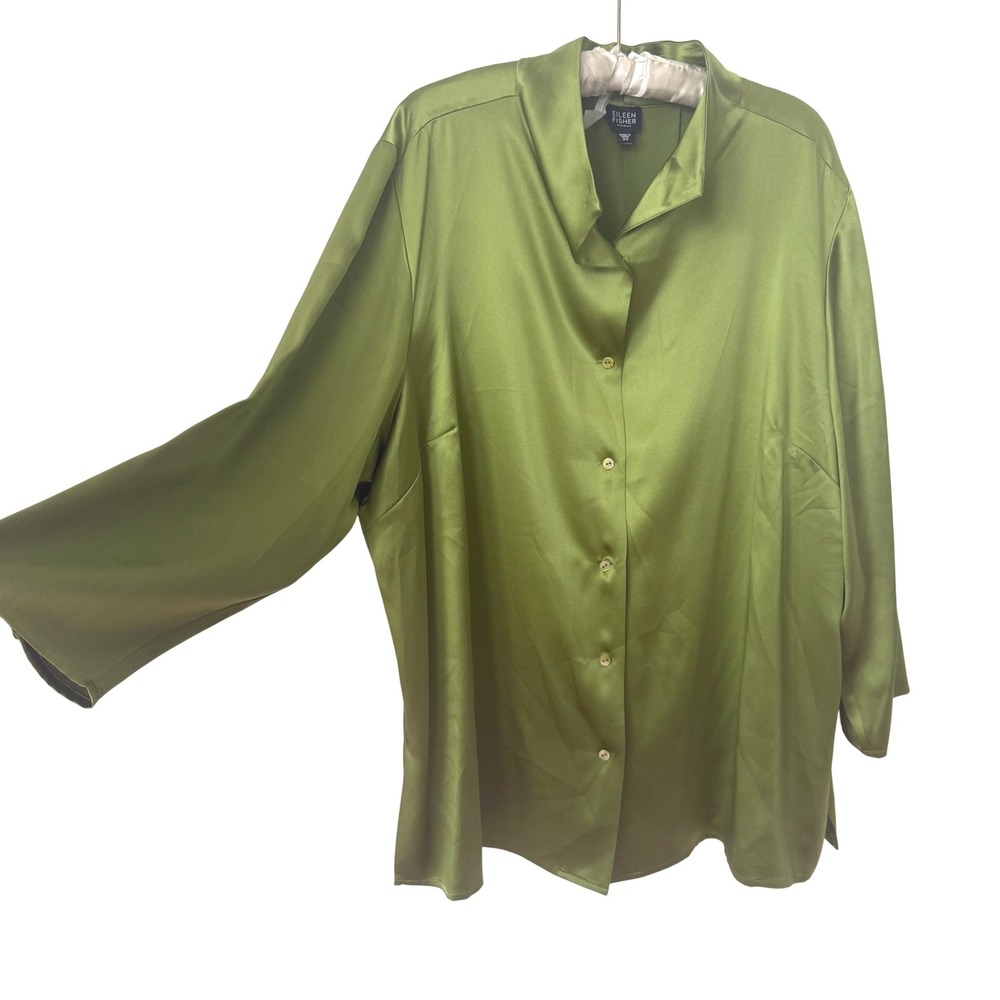 Eileen Fisher 100%silk charmeuse button-up blouse Green 3X satin